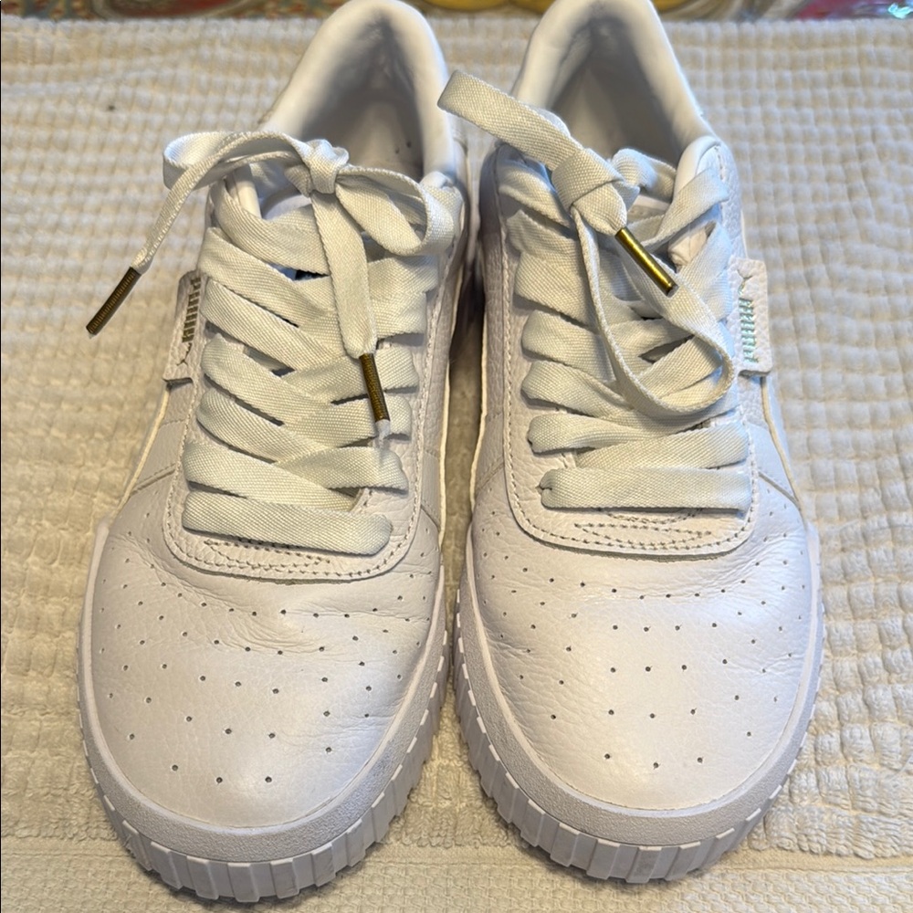 Puma White and Gold Athletic Shoes with Perforated Design - Picture 2 of 9